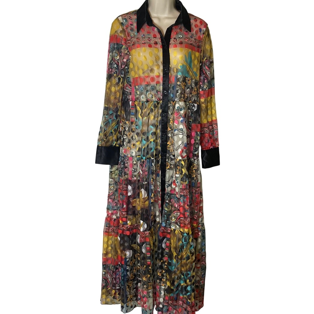 CQ by CQ Sheer Mesh Patchwork Maxi Shirt Dress Multicolor‎ Small Boho Festival